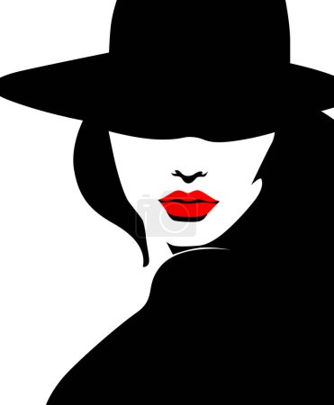 Ilustración de Perfil de joven mujer de moda hermosa con sombrero y labios rojos, minimalismo en colores rojo, blanco y negro. Retrato femenino abstracto, diseño contemporáneo, ilustración vectorial - Imagen libre de derechos