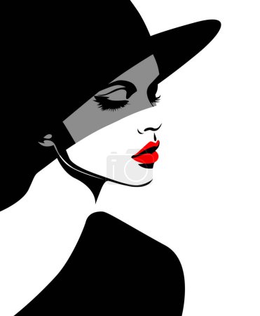 Téléchargez les illustrations : Profil de jeune belle femme de mode avec chapeau, minimalisme. Portrait féminin abstrait, design contemporain, illustration vectorielle - en licence libre de droit