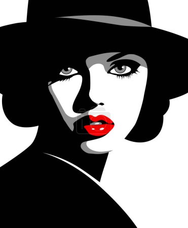 Téléchargez les illustrations : Profil de jeune belle femme de mode avec chapeau et lèvres rouges, minimalisme dans les couleurs rouge, blanc, gris et noir. Portrait féminin abstrait, design contemporain, illustration vectorielle - en licence libre de droit