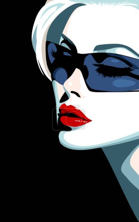 Illustration for Beautiful young blond fashion woman with sunglasses and red lipstick, minimalism. Abstract female portrait, contemporary design, vector illustration - Royalty Free Image