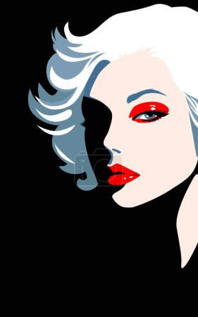 Illustration for Beautiful young fashion woman looking at camera with blond hair and red lipstick, minimalism. Abstract female portrait, contemporary design, vector illustration - Royalty Free Image