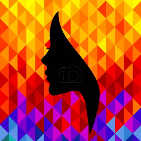 Illustration for Beautiful young fashion woman makes of bright multicolored low poly triangles, silhouette in profile, minimalism. Abstract female portrait, contemporary design, vector illustration - Royalty Free Image