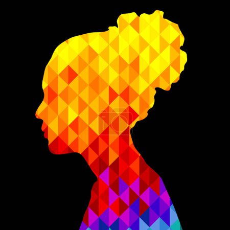 Illustration for Beautiful young african american woman makes of bright multicolored low poly triangles, silhouette in profile, minimalism. Abstract female portrait, contemporary design, vector illustration - Royalty Free Image