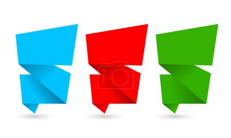 Téléchargez les illustrations : Origami rouge, bleu et vert, feuille de papier pour carte postale, félicitations ou annonce, fond abstrait, élément design, illustration vectorielle - en licence libre de droit
