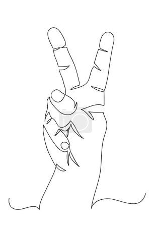 Human hand shows victory gesture, continuous line drawing, concept vector illustration