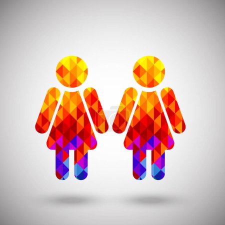 Téléchargez les illustrations : Deux femmes icône fait de lumineux multicolore bas poly triangles sur fond gris, design contemporain, illustration vectorielle - en licence libre de droit