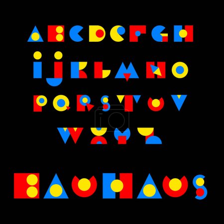 Téléchargez les illustrations : Fonte créative Bauhaus designer, lettres. Dessin de type impression géométrique artistique en cercles bleu, rouge et jaune, triangle et carré. Alphabet stylisé - en licence libre de droit