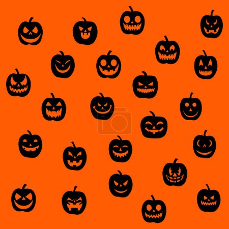 Illustration for Halloween pumpkin black heads over orange background, repeating seamless pattern, wallpaper vector illustration - Royalty Free Image