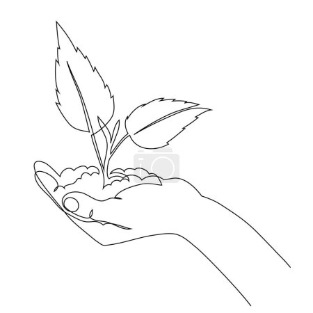 Illustration for Hand holds a young sprout that grows in the ground, growing young plant, continuous line drawing, concept vector illustration - Royalty Free Image
