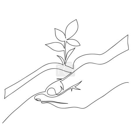 Illustration for Children's and adult hands hold a young sprout that grows in the ground, growing young plant, continuous line drawing, concept vector illustration - Royalty Free Image