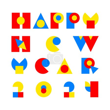 Illustration for Happy New Year 2024. Trendy font in retro Bauhaus design style. Artistic geometric printing type drawing in blue, red and yellow circles, triangle and square. - Royalty Free Image