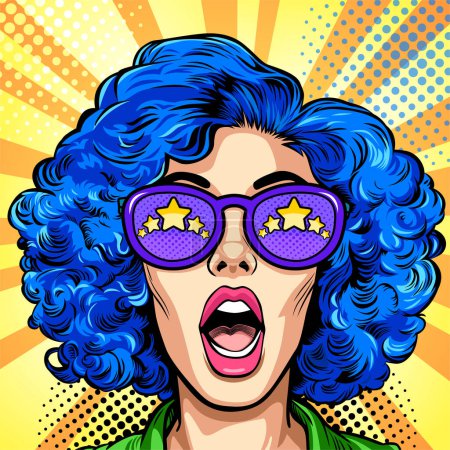 Ilustración de Sorprendido feliz excitado joven atractiva mujer con la boca abierta, pelo rizado azul y las cinco estrellas suspiro reflejado en sus gafas de sol, ilustración vectorial en estilo cómico arte pop vintage - Imagen libre de derechos