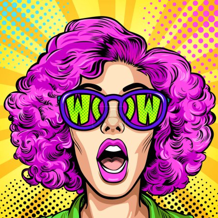 Illustration for Surprised happy excited young attractive woman with open mouth, pink curly hair and the inscription 'wow' reflected in her sunglasses, vector illustration in vintage pop art comic style - Royalty Free Image