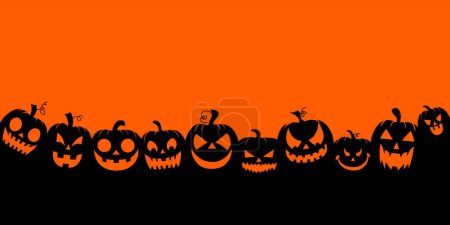 Téléchargez les illustrations : Bannière Halloween - rangée de citrouilles sur fond orange, illustration vectorielle - en licence libre de droit