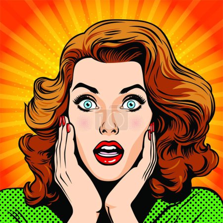 Illustration for Surprised excited young attractive woman with open mouth holding hands near her face, vector illustration in vintage pop art comic style - Royalty Free Image