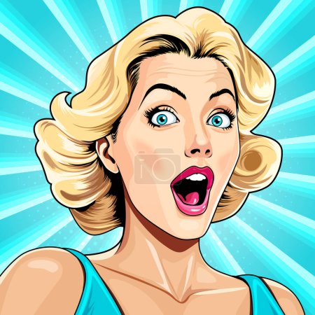 Illustration for Surprised happy excited young attractive woman with open mouth, blong curly hair and blue eyes, vector illustration in vintage pop art comic style. Breathtaking - Royalty Free Image