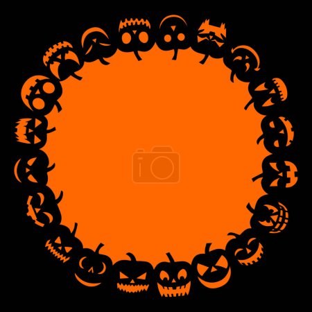 Téléchargez les illustrations : Cadre cercle d'Halloween fait de têtes de citrouille noire sur fond orange, illustration vectorielle - en licence libre de droit