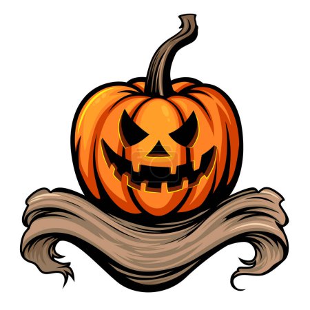 Téléchargez les illustrations : Tête de citrouille d'Halloween avec bannière en bois vide, illustration vectorielle - en licence libre de droit