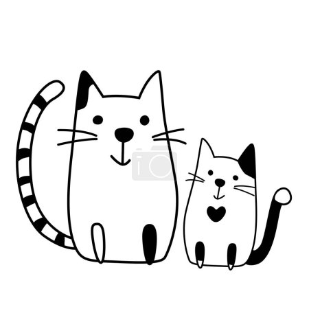 Illustration for Two cute cartoon black and white cats - big mother with her little kitten, contemporary design, vector illustration - Royalty Free Image