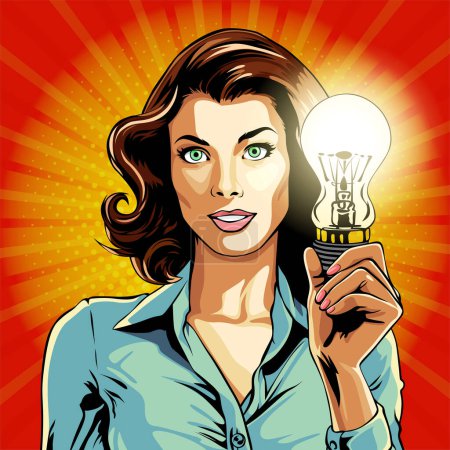 Téléchargez les illustrations : Une jeune femme tient une ampoule lumineuse dans ses mains. Idea ! Task et son concept de solution réussi, dessin vectoriel d'illustration dans le style pop art rétro-comique - en licence libre de droit