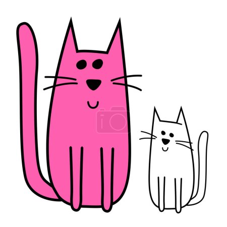 Téléchargez les illustrations : Deux chats de dessin animé - mère rose avec chaton blanc, design contemporain, illustration vectorielle - en licence libre de droit