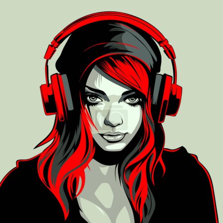 Illustration for Girl teenager music lover. Cartoon young attractive woman listening to music with headphones, vector illustration. - Royalty Free Image