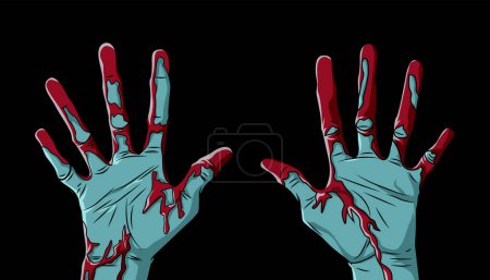 Illustration for Zombie hands covered in blood, halloween banner, vector illustration. Sinister living dead are ready to attack at night - Royalty Free Image
