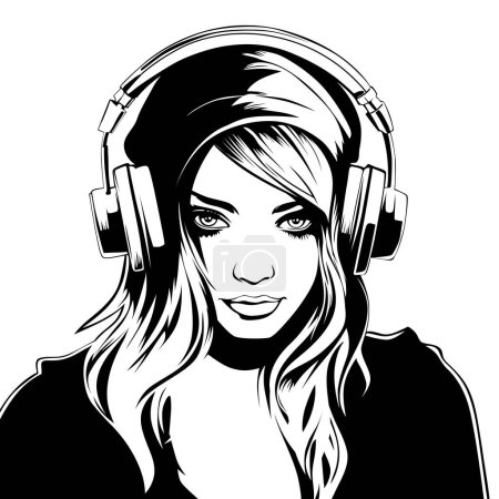 Illustration for Girl teenager music lover. Cartoon young attractive woman listening to music with headphones, vector illustration, outline - Royalty Free Image