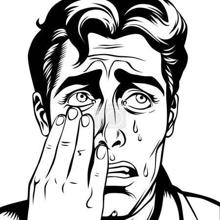 Téléchargez les illustrations : Jeune homme pleurant essuie les larmes avec sa main, illustration vectorielle dans un style pop art vintage comique, contour - en licence libre de droit