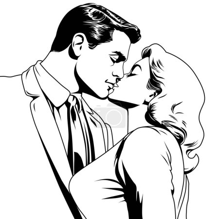 Téléchargez les illustrations : Embrasser homme et femme, illustration vectorielle dans un style rétro pop art comique. Amour et Saint-Valentin concept, contour - en licence libre de droit