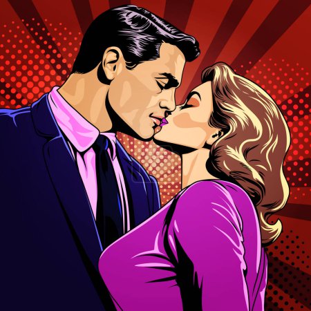 Ilustración de Hombre y mujer besándose, ilustración vectorial en estilo cómico de arte pop retro. Concepto de amor y día de San Valentín - Imagen libre de derechos