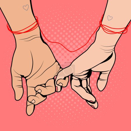 Téléchargez les illustrations : Mains masculines et féminines liées par un fil rouge, illustration vectorielle dans un style rétro pop art comique. Concept d'amour et de Saint Valentin - en licence libre de droit