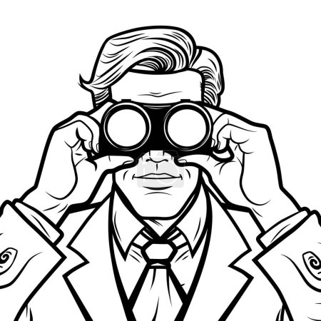 Illustration for Handsome male businessman in a suit looks out through binoculars for competitors and new horizons, vector illustration in comic vintage style. Outline - Royalty Free Image