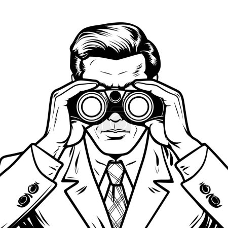 Ilustración de Hombre guapo hombre de negocios en un traje mira a través de prismáticos para competidores y nuevos horizontes, esbozar ilustración vectorial en estilo vintage cómico - Imagen libre de derechos