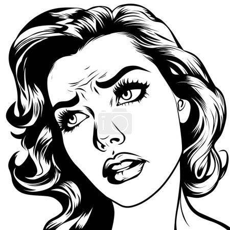 Illustration for Crying young beautiful woman, vector illustration in vintage pop art comic style. Black and white outline - Royalty Free Image