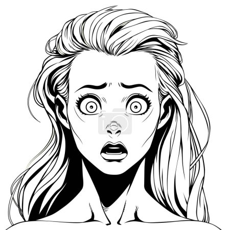Illustration for Surprised young beautiful woman with wide open eyes and open mouth, vector illustration in cartoon comic style. Black and white outline - Royalty Free Image