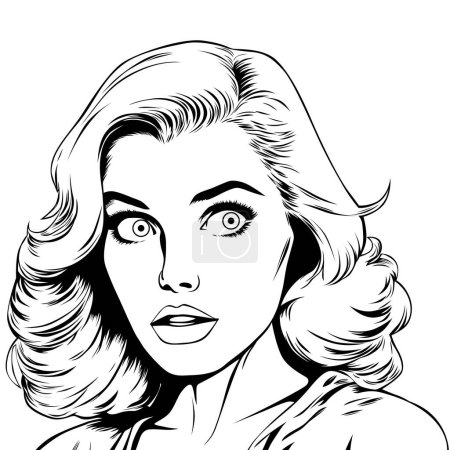 Illustration for Surprised young beautiful woman with wide open eyes, vector illustration in vintage pop art comic style. Outline - Royalty Free Image