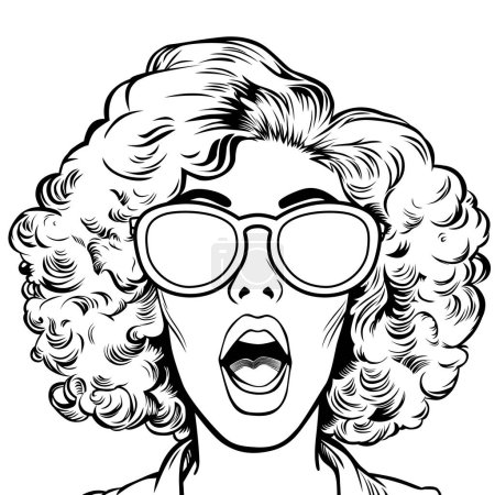 Téléchargez les illustrations : Surpris heureux excité jeune femme attrayante avec bouche ouverte, cheveux bouclés et lunettes de soleil, illustration vectorielle dans le style de bande dessinée pop art vintage, contour - en licence libre de droit