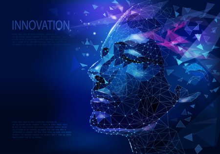Illustration for Human face in technological low poly style. Space exploration, innovative technologies, Internet concept. Digital innovative business. Polygonal wireframe male head contemporary vector illustration. - Royalty Free Image