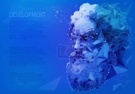 Illustration for Male face like God of Ancient Greece in technological low poly style. Innovative technologies, Internet concept. Digital innovative business. Polygonal wireframe human head contemporary vector illustration - Royalty Free Image