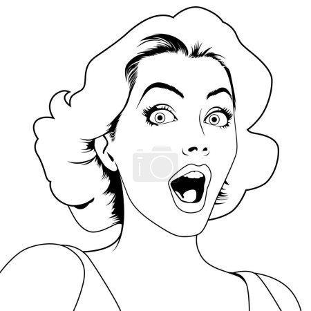 Ilustración de Sorprendido feliz excitado joven atractiva mujer con la boca abierta, ilustración vectorial en estilo de cómic arte pop vintage. Impresionante, libro para colorear en blanco y negro - Imagen libre de derechos
