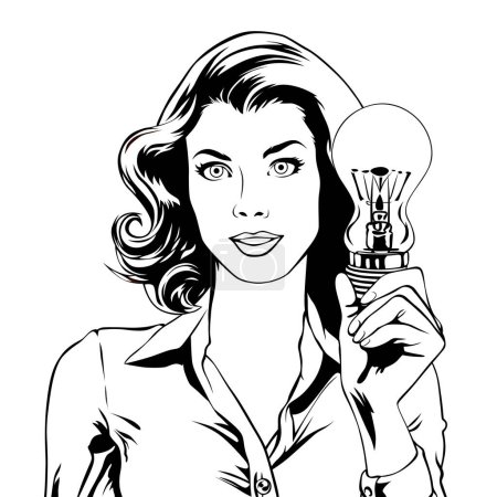 Téléchargez les illustrations : Une jeune femme tient une ampoule dans sa main. Idea ! Task et son concept de solution réussi, dessin vectoriel d'illustration dans le style pop art rétro-comique, livre à colorier noir et blanc - en licence libre de droit