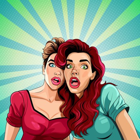 Illustration for Two surprised and shocked young women with wide open eyes and mouthes, vector illustration in pop art comic style - Royalty Free Image