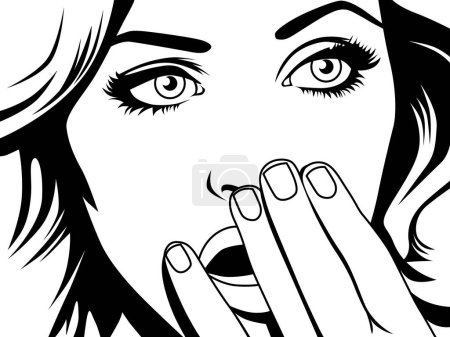 Illustration for Surprised attractive woman covering her open mouth with hand, vector illustration in vintage comic style. Shock, black and white coloring book - Royalty Free Image