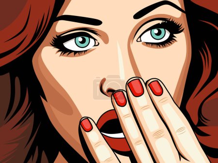 Illustration for Surprised beautiful woman covering her open mouth with hand, vector illustration in vintage comic pop art style. Shock, amazement - Royalty Free Image