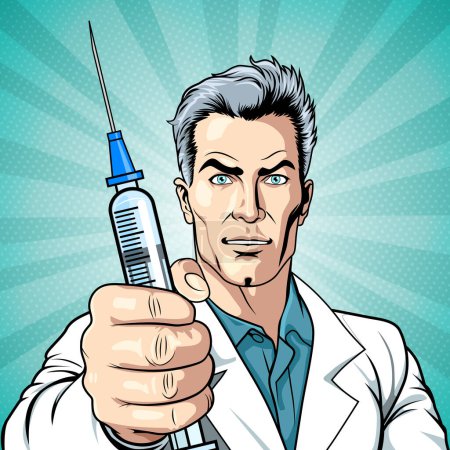 Ilustración de El médico con una bata blanca sostiene una jeringa con una vacuna en la mano y se ofrece a administrarle una inyección, atención médica. Ilustración vectorial en estilo cómico de arte pop - Imagen libre de derechos