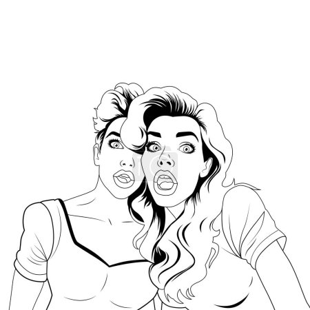Ilustración de Dos mujeres jóvenes sorprendidas y conmocionadas con los ojos y bocas bien abiertos, ilustración vectorial en estilo cómico pop art, blanco y negro - Imagen libre de derechos