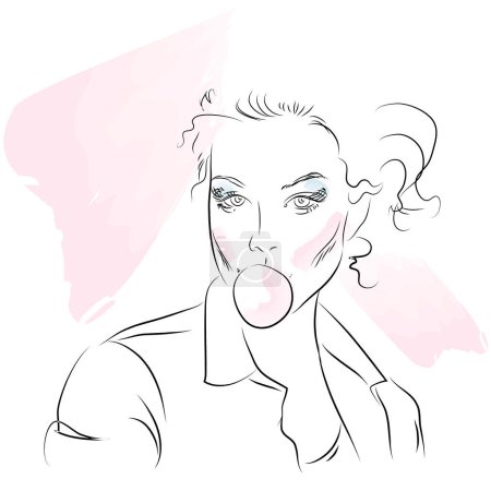 Illustration for Fashion Woman blows a bubble gum, line art. Abstract portrait of beautiful girl, sketch vector illustration - Royalty Free Image