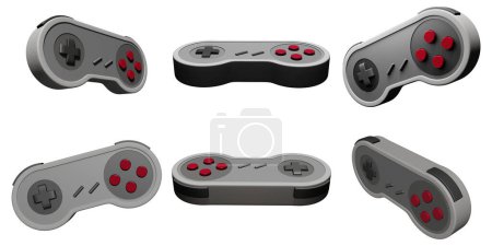 Set of retro game controllers 3d illustration isolated on white background