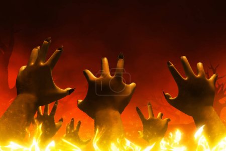 La gente ardiendo en el infierno, el fin del mundo en la ilustración 3d